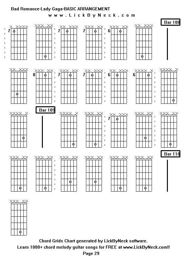 Chord Grids Chart of chord melody fingerstyle guitar song-Bad Romance-Lady Gaga-BASIC ARRANGEMENT,generated by LickByNeck software.